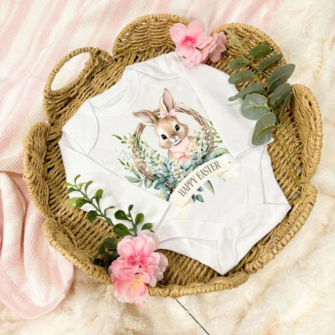 Happy Easter Wreath Bunny Baby Vest