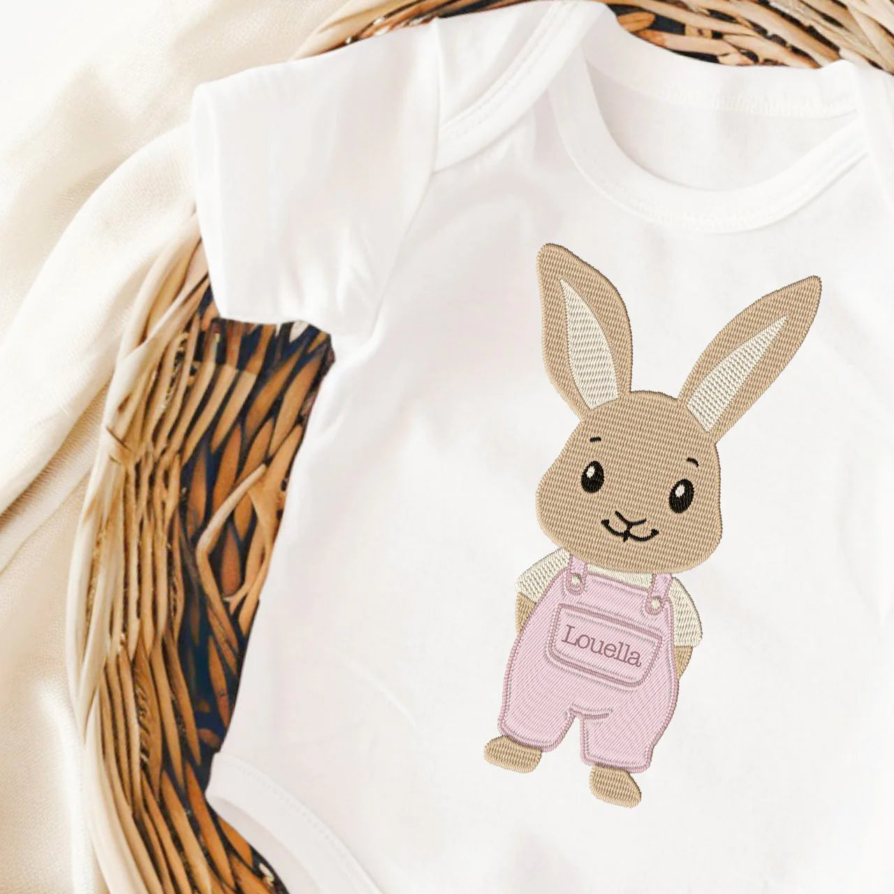 Personalised Bunny Dungarees Embroidery Style Vest/T-shirt