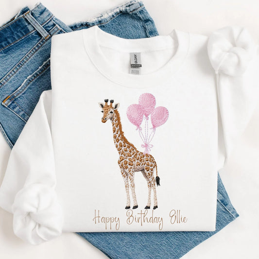 Personalised Birthday Balloon Giraffe Embroidery Style Vest/T-shirt