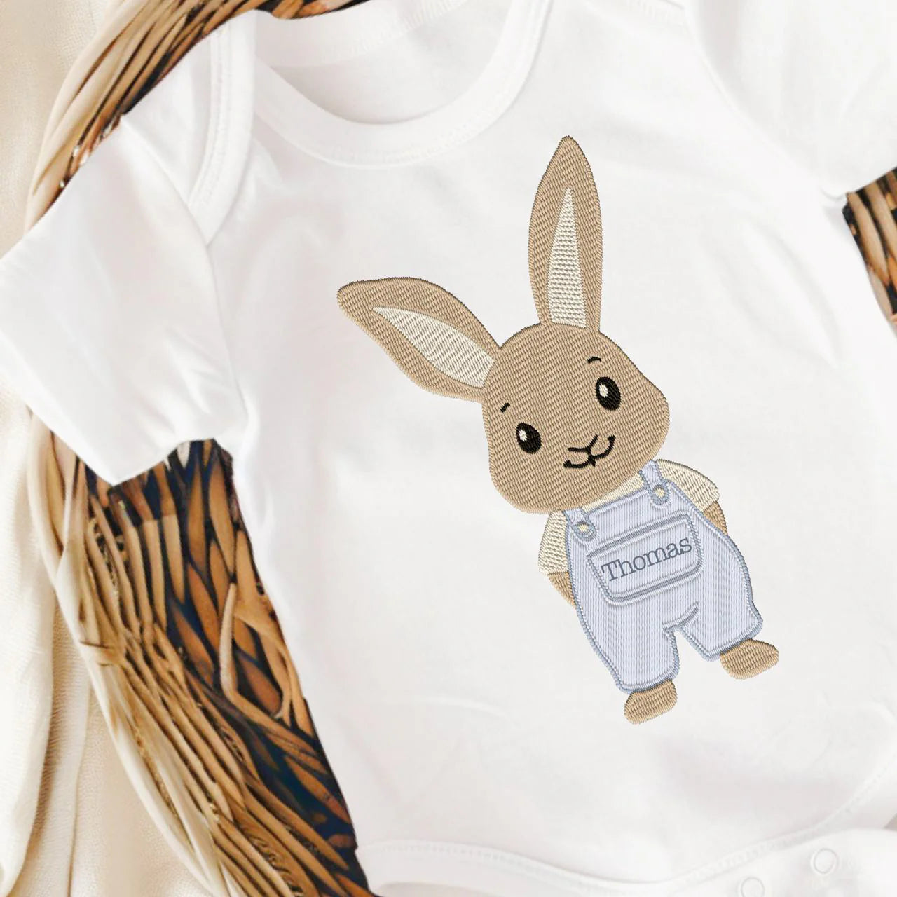 Personalised Bunny Dungarees Embroidery Style Vest/T-shirt