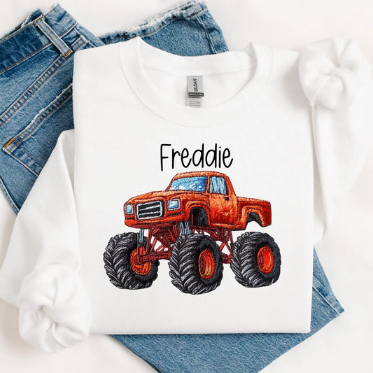 Personalised Monster Truck Embroidery Style Vest/T-shirt