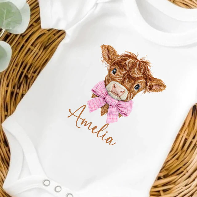 Personalised Highland Cow Embroidery Style Easter Baby Vest