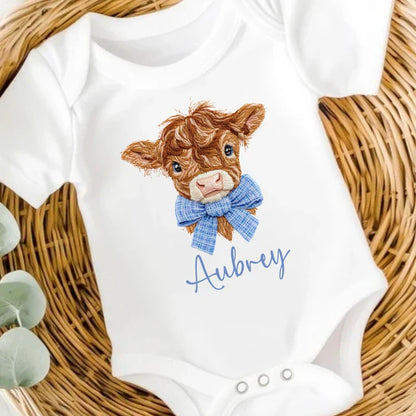 Personalised Highland Cow Embroidery Style Easter Baby Vest