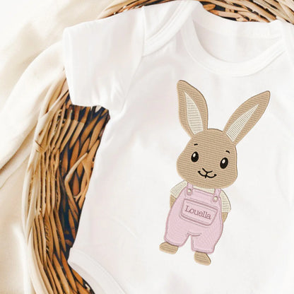 Personalised Bunny Dungarees Embroidery Style Vest/T-shirt