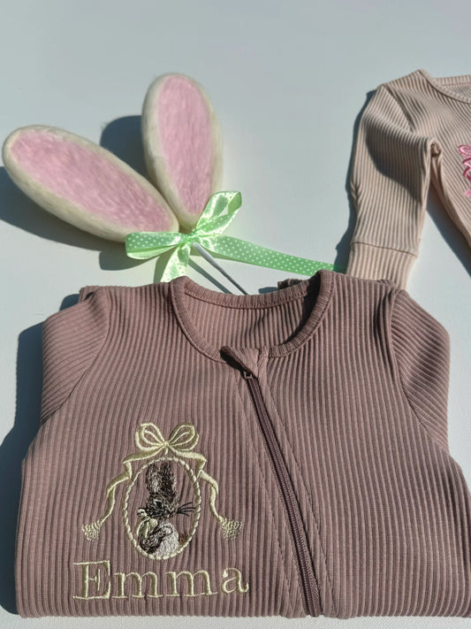 Personalised Embroidered Easter Bunny Ribbed Sleepsuit