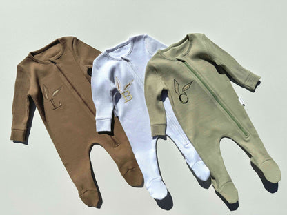 Personalised Embroidered Easter Bunny Ears Initial Letter Zip Sleepsuit