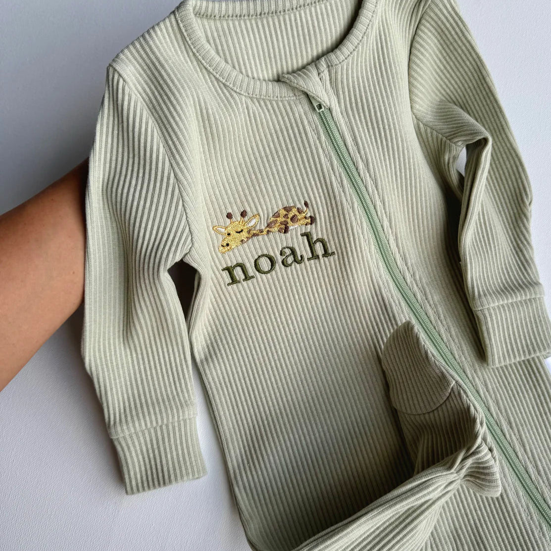 Personalised Animal Embroidered Ribbed Sleepsuit
